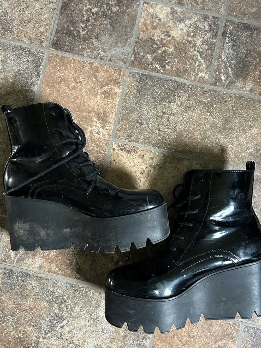 Forever 21 Black Patent Platform Lace-Up Boots